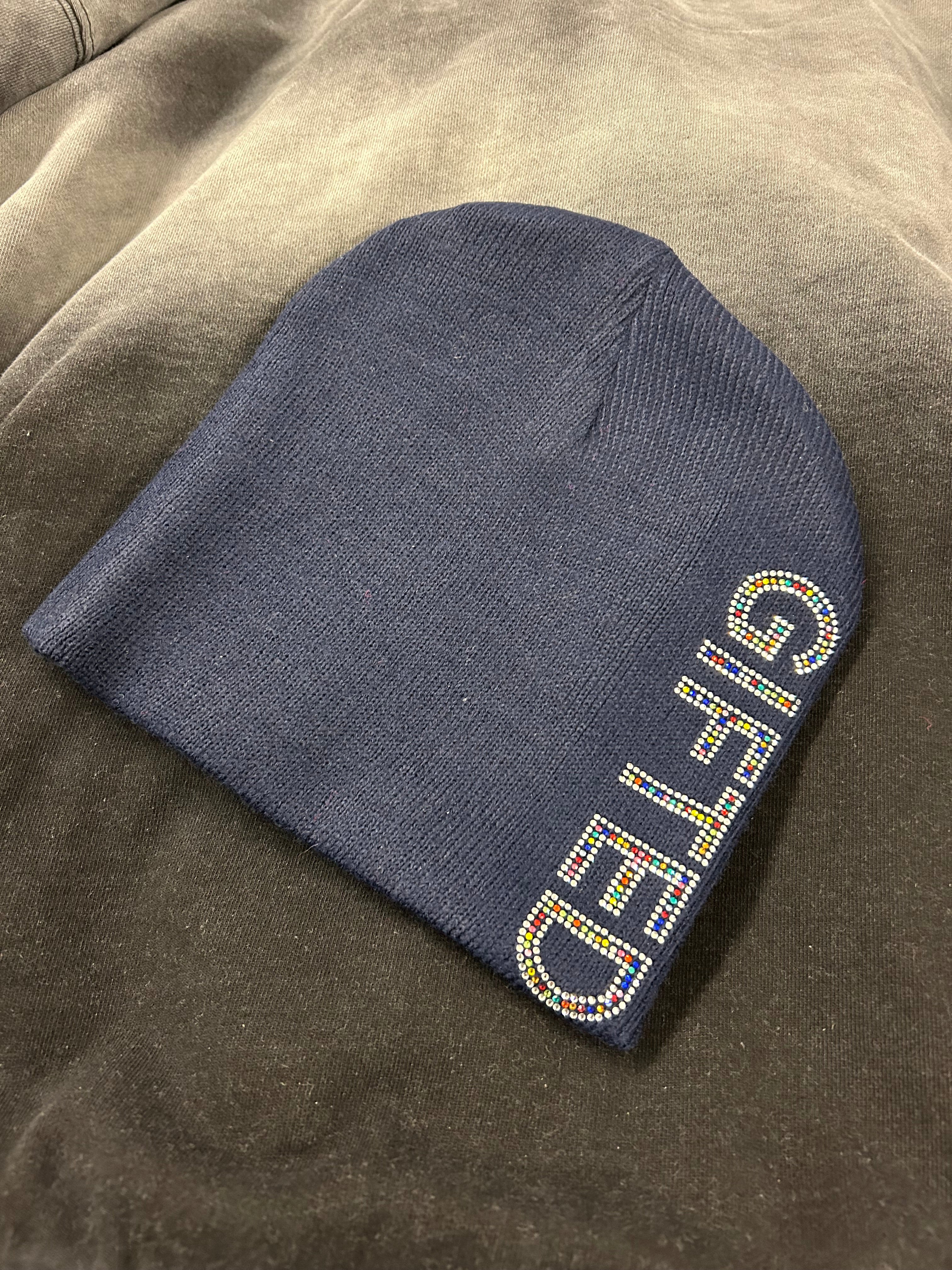 Dark Blue Beanies Hat with Rainbow Stones