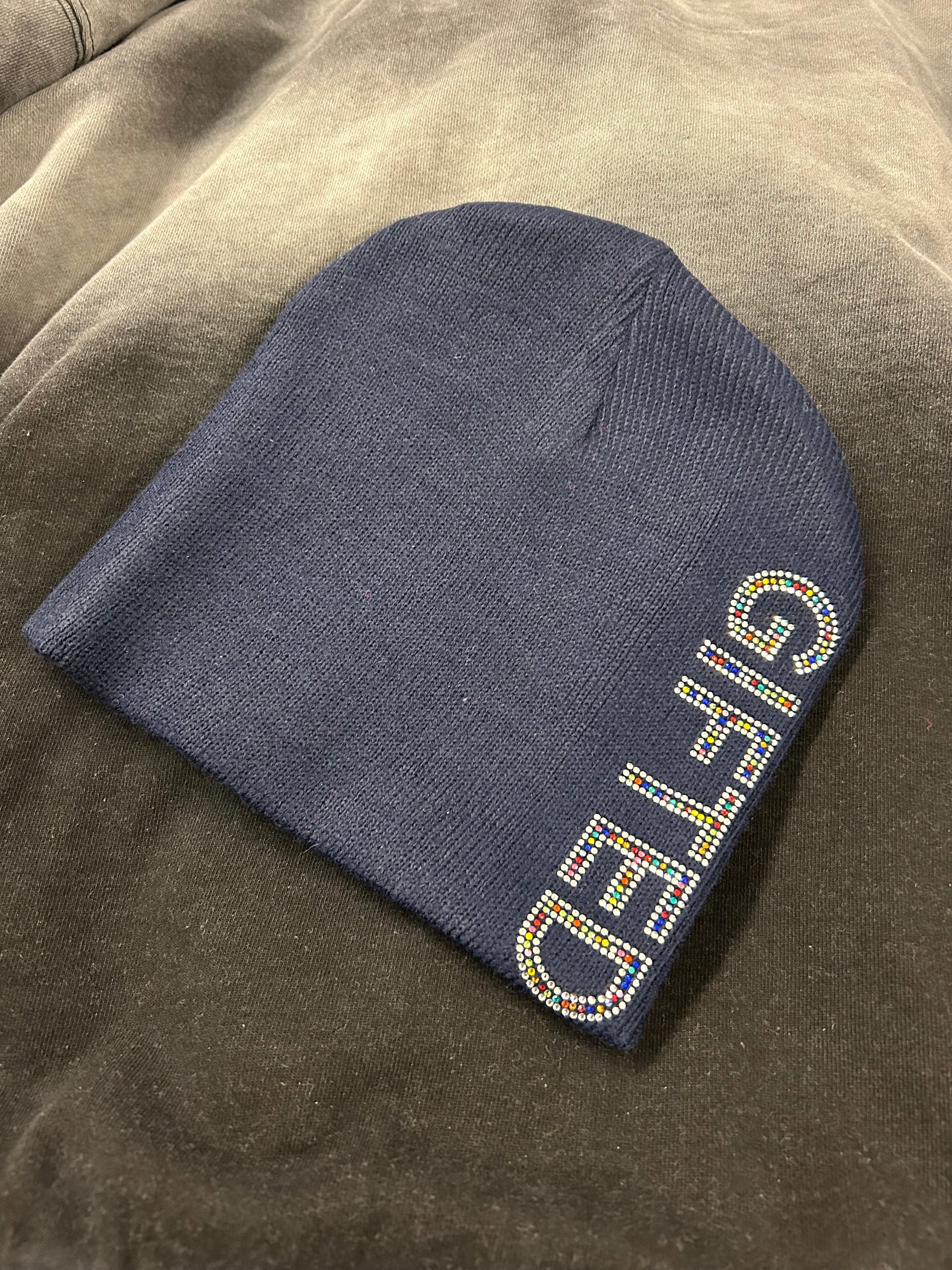 Dark Blue Beanies Hat with Rainbow Stones